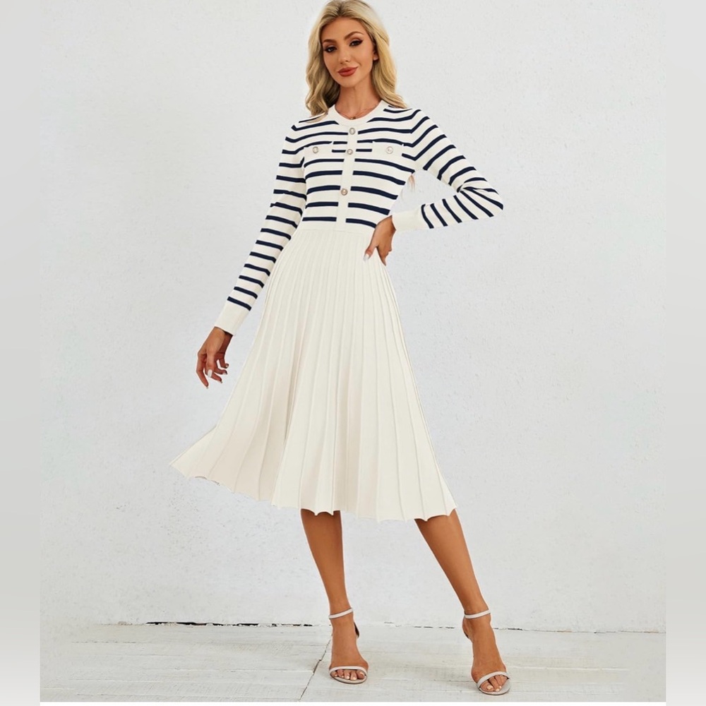 Casual Long Sleeve Striped Crewneck Button Swing Pleated Knit A Line Dresses